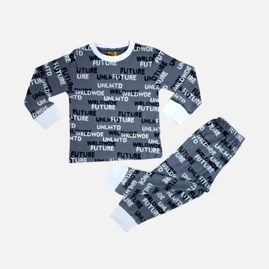 Kids Cotton Night Suit – Grey "Future Worldwide" Print